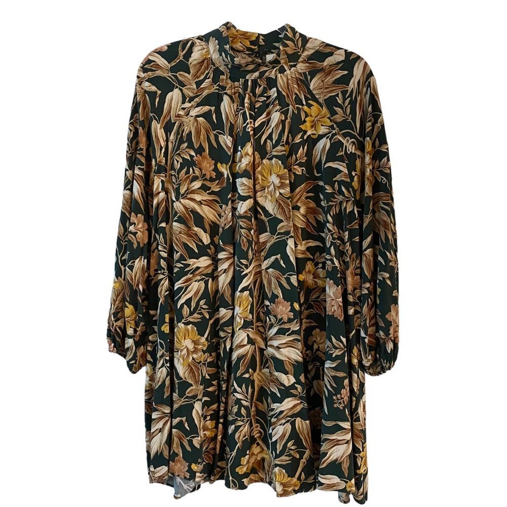 H&M long sleeve high neck loose hanging mini dress in boho floral print